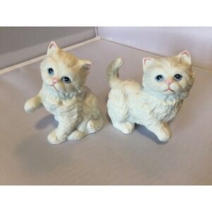 Vintage HomeCo Pair Porcelain/Bisque White Persian Kittens Blue Eyes